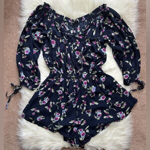 Fashion Nova 3/4 Sleeve Boho Floral Off Shoulder Mini Romper Playsuit Navy Blue